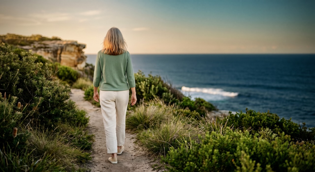 A woman walks calmly along a coastal path, representing the journey to better cognitive health