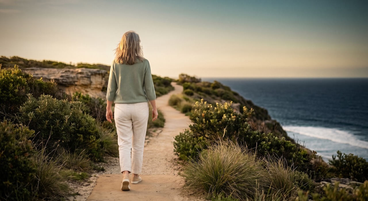 A woman walks calmly along a coastal path, representing the journey to better health